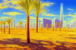 Sunny spring day, Futuristic buildings near the desert, impressionism painting