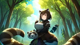 Girl transforming into racoon, forest, girl look like a raccoon