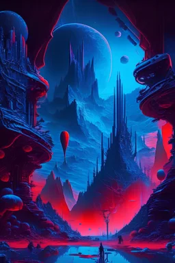 Majestic tech world, psychedelic, blue tones, tech landscape, a hint of red shown as violence or a threat, new unique world of tech