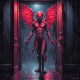 Sinister glowing red eyed Lovecraftian cupid standing in the threshold of an open door at midnight in the pouring rain,", dramatic horror, intricately detailed, realism; incredible composition; dynamic lighting; meticulously composed concept art, masterpiece, cell-shaded, Volumetric lighting, blacklight eerie pastel color ink illustration, creepy, Eldritch, opulent shadows, by Stephen Gammell and Colin McCahon, moody, macabre