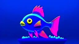 3D render of a cute tropical fish in an aquarium on a dark blue background, digital art, cartoon style