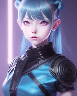 Detailed cute anime Kunoichi girl, blue hair buns, blue bangs, black latex bodysuit, intricate details, full body portrait, keep head in frame, slight smile, black Japanese motif, concept art, highly detailed, digital painting, concept art, sharp focus, illustration, art by Yoji Shinkawa, WLOP and greg rutkowski and alphonse mucha and artgerm and yanjun Chen and Junji ito and Makoto Shinkai, HDR, octane render