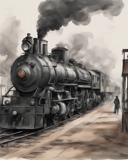 stoi na stacji lokomotywa parowa, wielka i ciężka i pot z niej spływa, rysunek dziecięcy