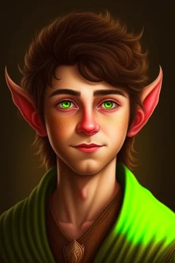 A portrait of a young elf, a wizard, spike ears, brown hair,