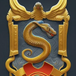 coat of arms of an astec city featuring snakes and feathers, very detailed