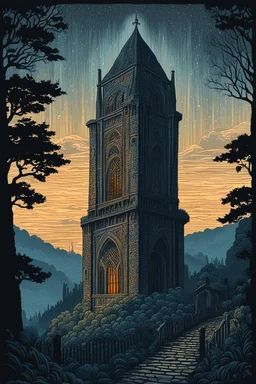 museum quality color woodcut landscape of a dark, otherworldly, and foreboding medieval Italian tower house thickly veiled in dense fog , with highly detailed stonework in 10th century Florence , at midnight, in the style of Gustave Baumann, with a fine art aesthetic, highly detailed, finely cut ,8k render,