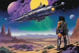 (in the style of Orion, by Masamune Shirow) ((heavy metal / metal hurlant: psychedelic) In a desert landscape straight out of a paranoid 1970s underground comic, under a sky pulsating with impossible green and purple cosmic dust, Cheech and Chong are captured by a lens smeared with hallucinatory residue, building a rocket. This is not NASA. This is their rocket. It's constructed from salvaged metal drums, rusty chrome, countless 'UP IN SMOKE' signs, empty bong bowls, and a nose cone made from a