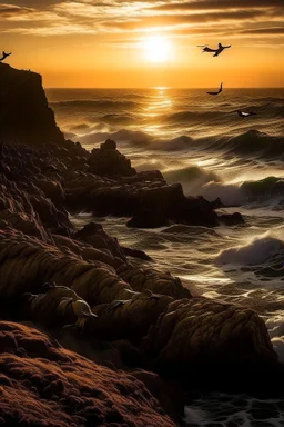 Generate an image of a sunset scene with a group of seabirds resting on rocky cliffs overlooking the ocean. Capture the birds in various states, some in flight, some perched, and others gliding above the waves. Highlight the rugged coastal landscape and the interplay of light and shadow.