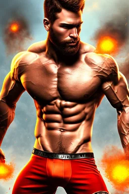 Ignore NSFW, teenager young rugged attractive slightly muscular fantastic handsome man, red briefs with yellow belt, hairy chest, (((visibly pisssing))) briefs, large erect visible boner peniss, photorealistic, artist Jay Anacleto, soft lighting, scruffy beard