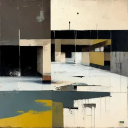 Minimal contemporary abstract oil paintings of desolate 1960s carpark with road markings and concrete fragments. Overlay with grungy typography graphics. style of Justin Mortimer and Francis Bacon.