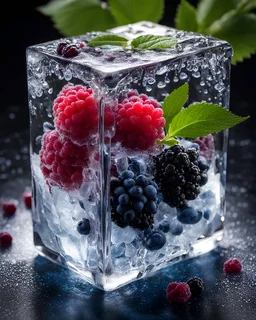 A transparent and shiny ice cube, inside which various frozen fruits and plants are embedded. Raspberries, blueberries and blackberries stand out. Some of these fruits are frozen, while others appear to be in their natural state. There are also leaves and flowers embedded in the ice, adding to the aesthetic appeal. There is water at the base of the cube on the glass and drops melt on the ice. The cube is placed on a dark background and some of the fruits and leaves have fallen out of the cube, r