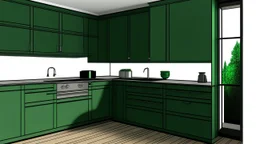 kitchen with dark green furniture, forest wallpaper on a white wall, on the left side next to the window there is a microwave and oven installed in the furniture, and on the right side 5 cm from the induction hob and a kitchen hood above it,