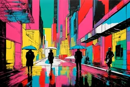 painting of a futuristic cyberpunk colourful walkway with two people making an exchange in the city with pollution by andy warhol. umbrella