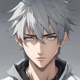 A stunningly detailed (((headshot portrait))), capturing the essence of a young man in his 20s with silver hair and piercing gray eyes, exuding a sense of confidence and protection, anime realism style