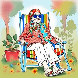 Whimsical drawing of a 70-year-old old lady dressed like a hippie from the 1960s, with a colorful headscarf covering her white headscarf, Yoko Ono-style sunglasses, a shirt with the symbol of the peace movement, floral long sleeves, sandals with red, green, blue striped socks Vesgol is relaxing in a rocking chair outside, holding a beer mug in one hand and a whiskey bottle in the other, next to her is a small table with a pile of empty beer bottles, Y. The peaceful setting includes a stunning vi