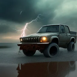 hyperrealistic shot, off-road truck, speeding, earth color palette, sharp focus, puddle reflection, tire water splash, refraction, rain and lightning on the horizon, shadowcast, detailed and intricate, cinematic composition, tilt shift photography