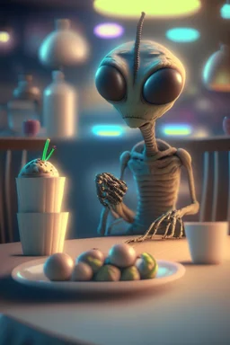 Alien in front of a table with sweet treats , HD, octane render, 8k resolution