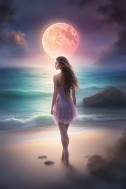 Creëer een mooie realistische Fantasie art, mooie vrouw, standing on the beach in a short dress, no shoes,long hair,, soft lighting, vibrant colors, ethereal, dreamlike, nature-inspired, romantic, whimsical, fantasy art, peaceful, enchanting, surreal, atmospheric, natural elements, moonlight filtering