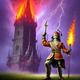 army in front of a tall skewed tower on fire in a hurricane, upper body of purple devil with spear