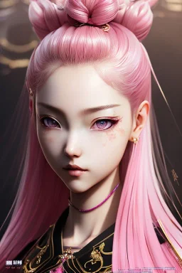 Detailed cute anime Kunoichi girl, pink hair buns, pink bangs, black latex bodysuit, intricate details, full body portrait, keep head in frame, slight smile, black Japanese motif, concept art, highly detailed, digital painting, concept art, sharp focus, illustration, art by Yoji Shinkawa, WLOP and greg rutkowski and alphonse mucha and artgerm and yanjun Chen and Junji ito and Makoto Shinkai, HDR, octane render