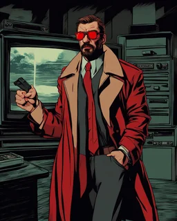 a young man with big muscles who looks like hans gruber wearing a heavy coat and red sunglasses staring with an irritated look on his face smasing a television