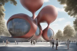 3D representation of architectural wonder, with a concrete design and matte reddish glass that contrasts with the light blue sky, emphasizing organic movement. Its design represents an ant with a bulbous tail and membrane wings with solar panels, its tail is made of concrete and glass. It stands out from pedestrians, creating a sense of scale. In open space, its use is a public place and as a great viewpoint in the mountains Combination of practicality and artistic expression in architecture