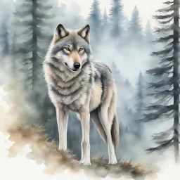 A mesmerizing painting that showcases the captivating beauty of a wolf. The wolf's body is intricately detailed, with its fur rendered in a myriad of textures and shades. At the center of the wolf's body, a stunning watercolor landscape unfolds, capturing the serene atmosphere of a foggy forest. Towering pine trees rise above the mist, their branches delicately outlined against the soft, green sky. A silhouette of a deer stands at the forest's base, gazing intently into the distance. The predomi