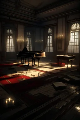 evening ballroom. The lighting inside the ballroom has been lowered, with only a few faint candle lights dotting the space to creates a mysterious and unsettling atmosphere. some notes or documents on the piano. some shattered wine glasses, traces of blood on floor, a gun lies abandoned on the floor, indicating the intensity of the conflict.