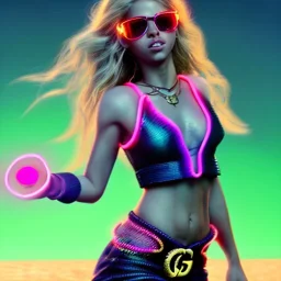 Shakira, artist, 30 years old, Realistic image, waist up portrait, etro style dress. Gucci sunglasses. Blonde, loose long hair, eyes make up, perfect, glow, circle iris. Feathers, Neon colors, leds, geometric shapes. Dark background, photo studio, neon lights. Cyberpunk, concept art, smooth, unreal engine 5, god lights, ray tracing, RTX, lumen lighting, ultra detail, volumetric lighting, 3d, finely drawn, high definition, 4k.