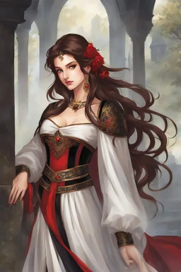 medieval concubine, long brown hair, red eyes, red and black attire