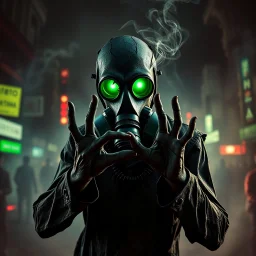 Zombie with a broken gas mask and glowing green eyes standing in a dystopian chaotic smoking Toyko making the "heart hands" gesture, Dramatic, zombiecore, creepy, complex contrast, dynamic composition, scary movie FX, visceral, magic realism