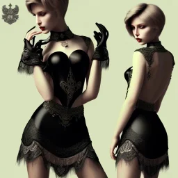 Russian short hair beautiful damsel boyish boylike wide hips round hips shortcut in black girlish lacy dress in black magic room