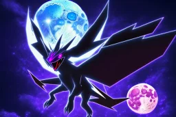 box art legendary dark type pokemon. Chaos. Black and purple colors. big. intimidating. moon. night. god. beast. pokemon