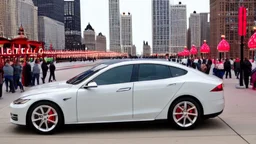 A Tesla's 'Model S Plaid' is racing at top speed, on the Navy Pier, in Chicago. CINEMATIC. WIDE ANGLE LENS. PHOTO REAL.