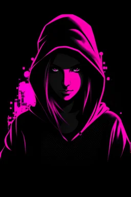 Hacker girl in a hooded sweater as black and pink as a logo