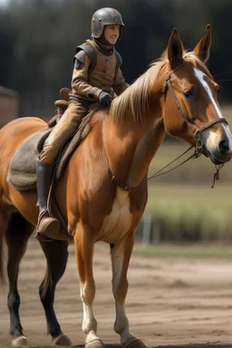 A dog mounted on a horse and going to battle