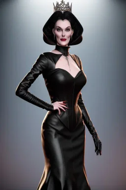 Carmen Dell`orifice as evil queen in black leather gown, angry, busty, curvey, cleavage, unreal 5, octane render,cinema4d, dynamic lighting, dramatic lighting, 4k, redshift render, highly detailed, hyper realistic