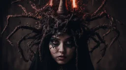 Demon girl wizard hat Halloween vintage girl, fullbody, creepy, horrifying, sinister, many worms parasite creature connected to the head and hands, sparks around her, sparks cybernetic, intricate, 8k, macro photography,