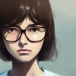 portrait of a teenage girl with bangs, brown hair and bangs, round silver glasses with thin rims, wearing an oversized sweater, dramatic lighting, anime illustration by Greg rutkowski, yoji shinkawa, 4k, digital art, concept art, trending on artstation, アニメ, featured on pixiv