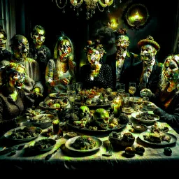 Photograph of a happy year-end dinner of a clique of zombie creatures in hypermaximalist style, photorealism