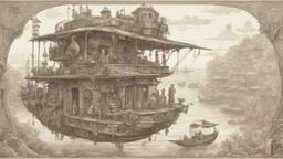 steampunk gipsy caravan crossed with a boat flying high over a jungle with platforms, verandas, and people, intricate