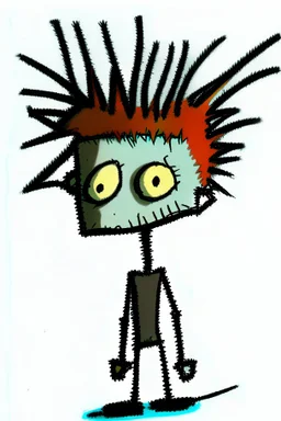 2d drawing of a stickman, cool with punk hair, x eyes like in hangman, standing, back view, slightly bended over and looking back into the camera, smiling,close-up ,3d realistic in colour