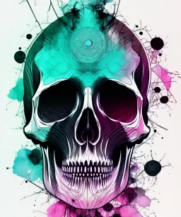 minimal lineart skull. watercolor and ink. broken. particles. black background. teal and magenta