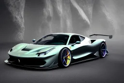 a true-to-life 2023 clear deep shiny chromatic rainbow colors Ferrari 488 speciale La Ferrari, 2-door, wide-body, pandem, rocket bunny,carbon fibre, drift car, classic hotrod wheels and rims, ultra realistic, professional artwork, concept art, dark background, extreme detailed, 8k, sharp focus, centered camera, art