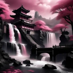 photo real, art, fantasy, pink, black, waterfall, temple, beautiful style, Japan