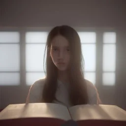 Study girl in university by read a room, on book, movie, real photo realistic, unreal engine, cinematic lighting --ar 1:1 creative