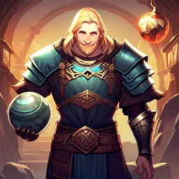 A nord male battlemage from Skyrim, full plate nordic armor, blond hair of medium length, hearty, smiling, thick short beard, an electric sphere in right hand, correct proportions