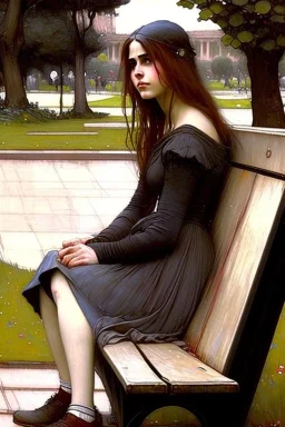 Woman sitting on a park bench. John William Waterhouse