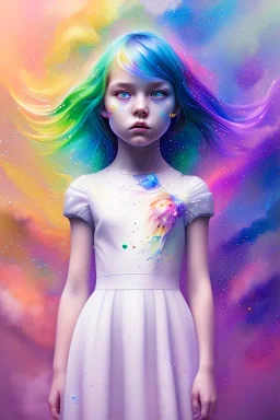 a little girl, silhuette, sumetric eyes, blue hair, colorful, watercolor splash, white dress, rainbow flowers, in the style of Camilla d'Errico, hyper detailed, beautiful, complex, trending on artstation, cryengine, national geographic photo, chiaroscuro