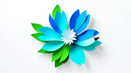 Minimalist paper cutout of a flower. Shapes are simples, abstract and geometric. Colors are vivid, electric blue, electric green and electric grey. White background.